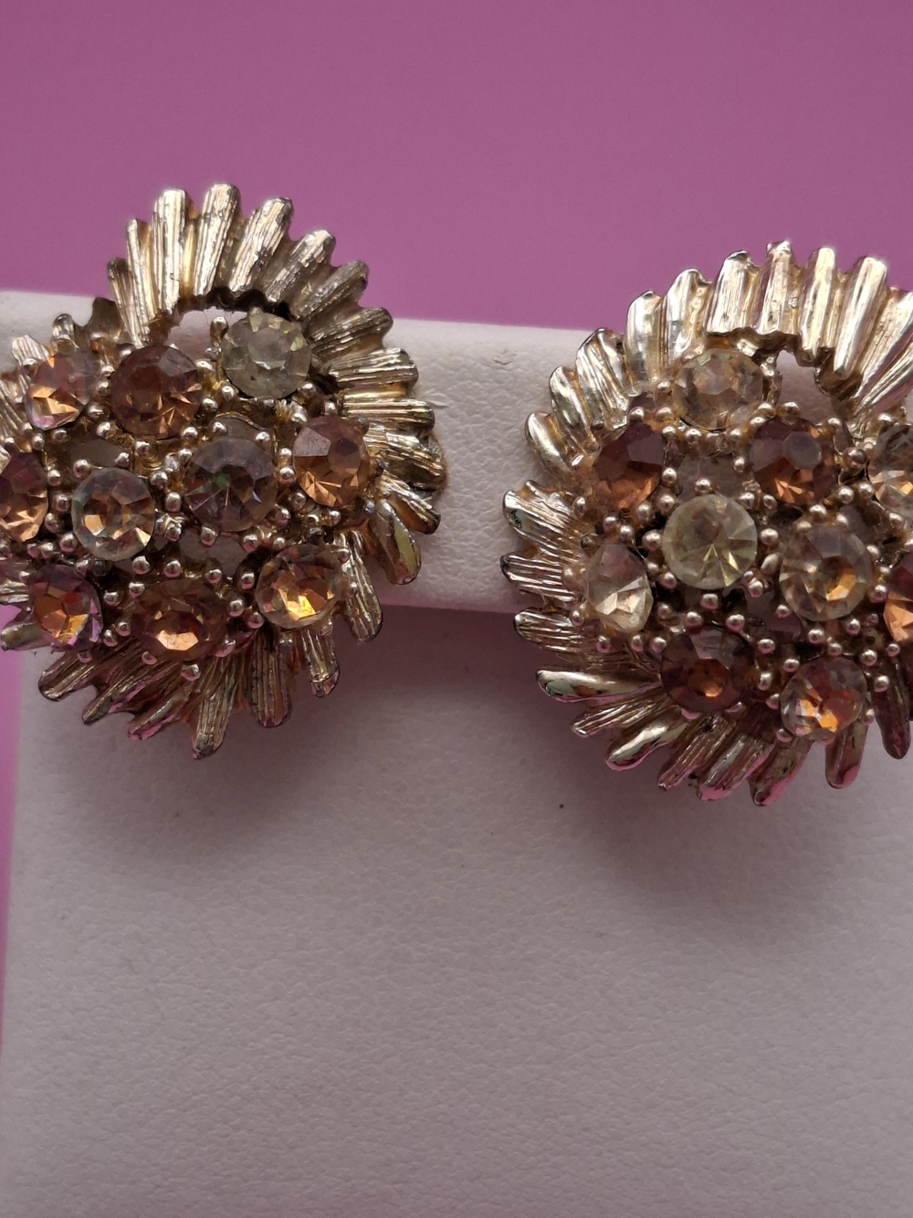 Vintage BSK Gold and Champagne Crystal Cluster Earrings